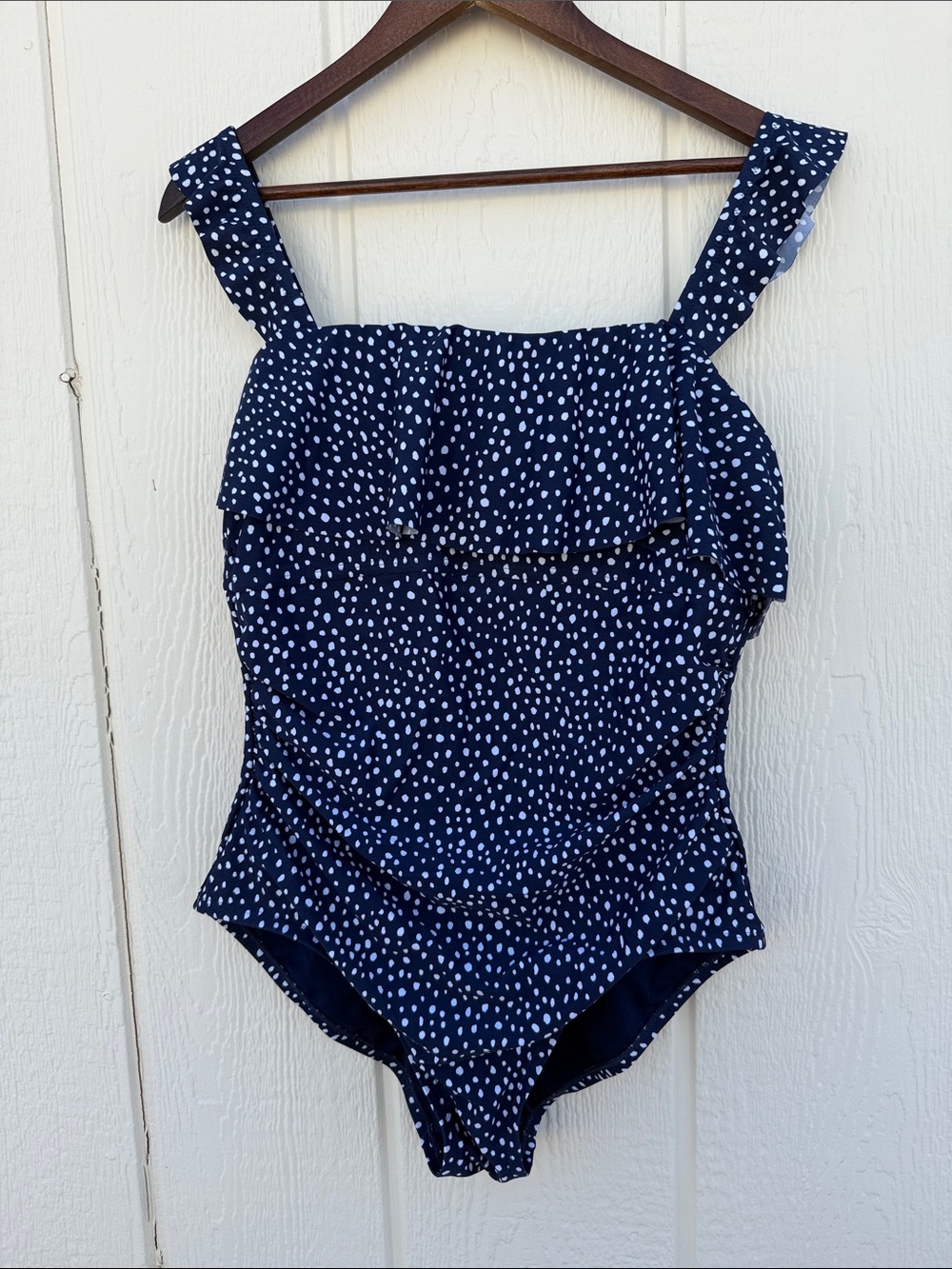 Kona Sol Size L Navy Blue Polka Dot One-Piece Swimsuit